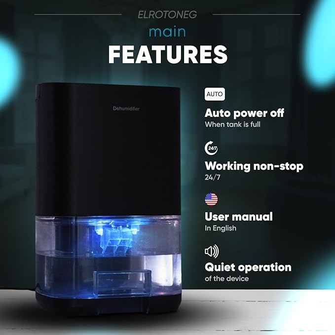 Dehumidifier ELROTONEG, 35 OZ Water Tank (300 sq. ft), Small Dehumidifier for Basement with Auto-Off, Sleep Mode and LED Lighting (Black) - Image 3
