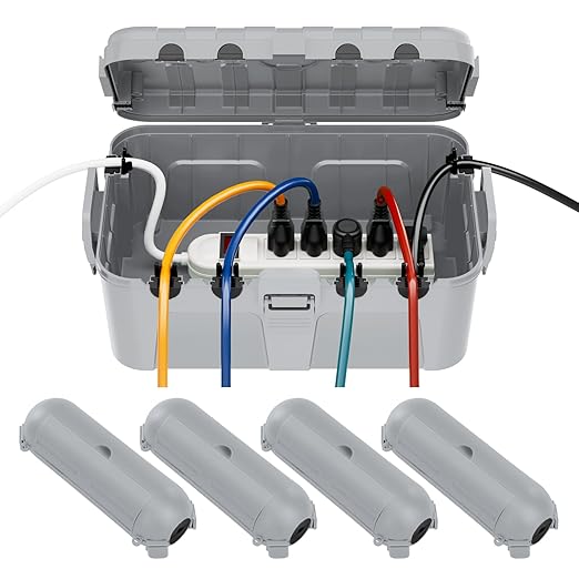 RESTMO 5-Piece Outdoor Waterproof Electrical Box Set – 12.5" x 8.5" x 5" Large & 7.1" x 2.3" x 2.3" Small, Weatherproof Boxes for Power Strip, Outlet, Plug, Socket, Timer, Holiday Light, Light Gray by Restmo