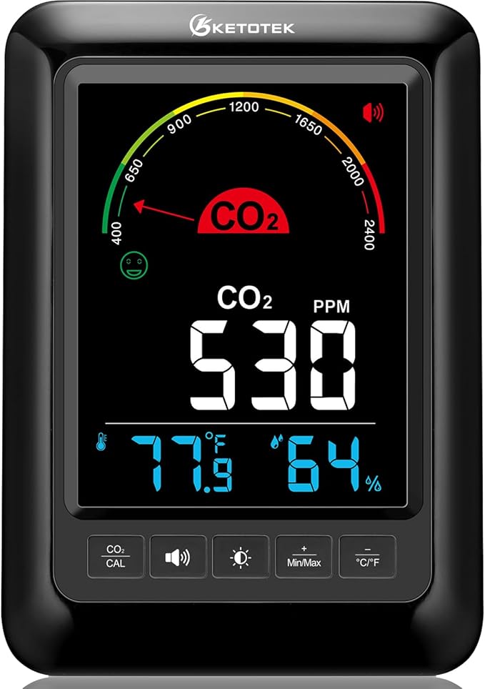 KETOTEK CO2 Monitor Indoor Air Quality Meter with CO2 Alarm, Temperature, Humidity Display, Portable Carbon Dioxide Detector for Home, Car, Office or School by KETOTEK