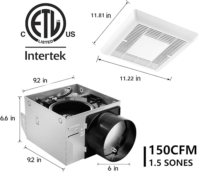 Tech Drive Bathroom Exhaust Fan with Light-150 CFM, 1000lm Dimmable 5CCT LED Light and Night Light Selectable, 6-Inch Duct Super Quiet Ventilation Fan,Easy to Install Ceiling Mounted - Image 5