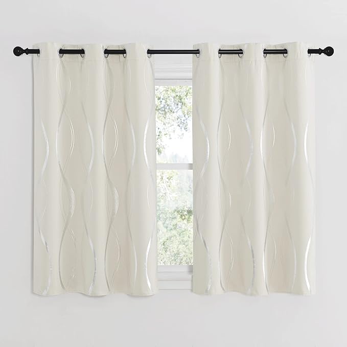 NICETOWN Bedroom Curtains Small Blackout Panels, Beige, Set of 2, 42 by 48 Inch, Window Treatment Thermal Insulated Solid Grommet Blackout Wave Line Foil Print Design Curtains for Kitchen, Cafe, Loft - Image 2