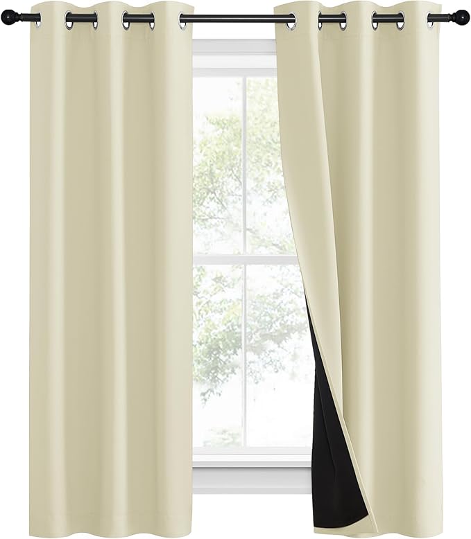 NICETOWN Living Room Completely Shaded Draperies, Privacy Protection & Noise Reducing Ring Top Drapes, Black Lined Insulated Window Treatment Curtain Panels (Beige, 2 Pieces, W37 x L60) - Image 2