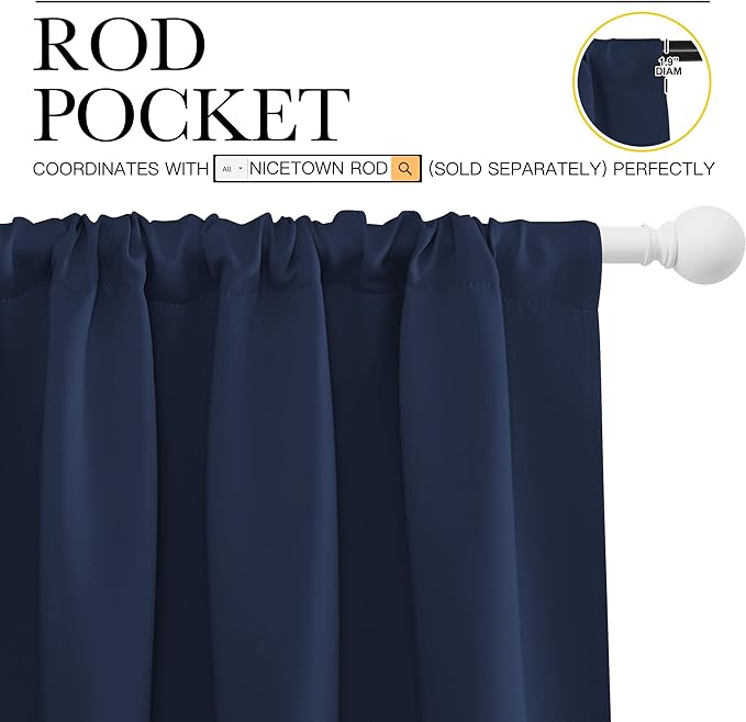 NICETOWN Blackout Curtains for Bedroom, Blackout Draperies, Home Decorations Thermal Insulated Solid Rod Pocket Blackout Drapes for Cafe (Navy, One Pair, 70 x 63-inch) - Image 3