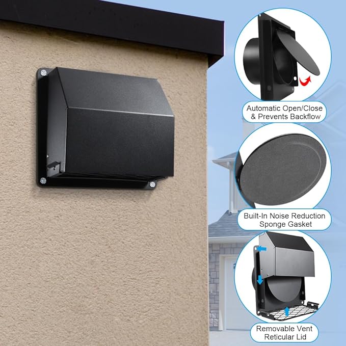 Picowe 4 Inch Dryer Vent Cover Outside, Metal Wall Vent Cover with Removable Lid & Noise-Reducing Sponge Gasket, for Dryer, Bathroom, Kitchen, Garage Exhaust - Image 3