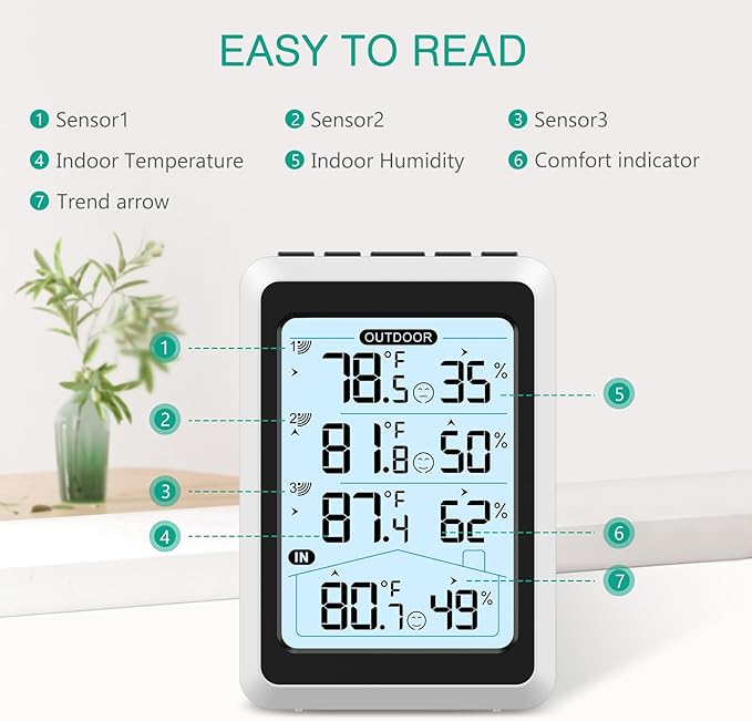 ORIA 3 Sensor Wireless Indoor Outdoor Thermometer Hygrometer, Digital Temperature Humidity Monitor with Backlit Display, Min/Max Records, Celsius/Fahrenheit Switch for Home, Garden, Greenhouse - Image 3