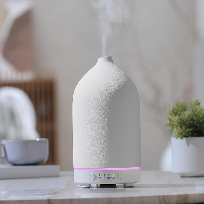 200ML Ceramic Essential Oil Diffuser - Ultrasonic Aromatherapy & Humidifier with 7-Color LED Lights, Auto Shut-Off, White, 1H/3H/6H Timer | Scent for Home,Office,Yoga by Gooamp