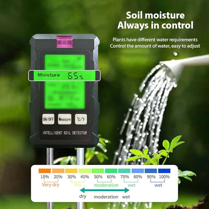 Soil Moisture Meter 6-in-1 Soil Ph Meter Moisture/Fertility/pH/Temperature/Humidity/Light 90-Degree Rotatable Backlight LCD display Soil Tester Gardening Tool for Lawn Farm Garden Indoor Outdoor Use - Image 4