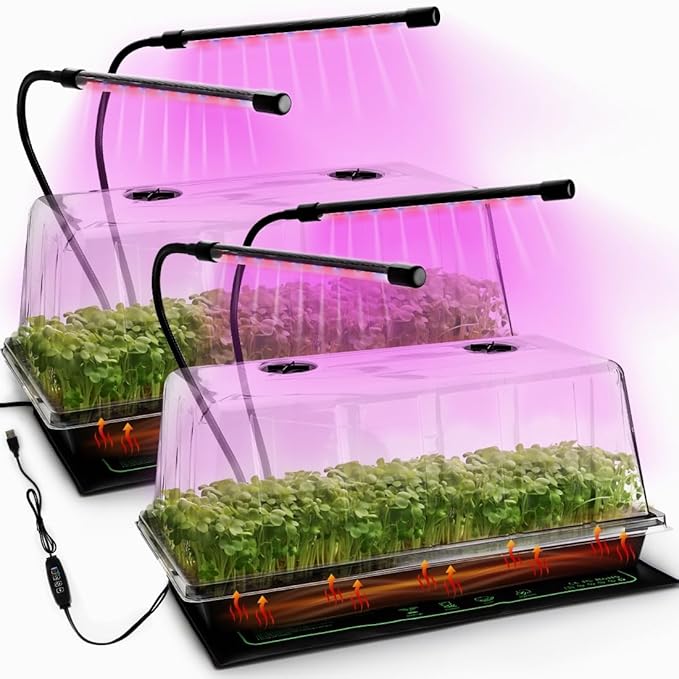 2-pack 1020 Trays with 7.3'' Domes & Heat Mats & Grow Lights – Heavy-Duty 1020 Seed Starter Kits, Seedling Trays with Humidity Domes & Waterproof Heating Mats & LED Lights for Germination Propagation by RooTrimmer
