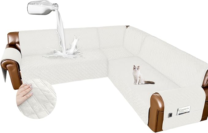Arfntevss Waterproof Sectional Couch Covers L Shape Washable Velvet Sofa Cover for Sectional Non Slip Large Corner Slipcovers Dog 6 Pcs Universal U Shaped Furniture Protector (Cream White, Large) by Arfntevss