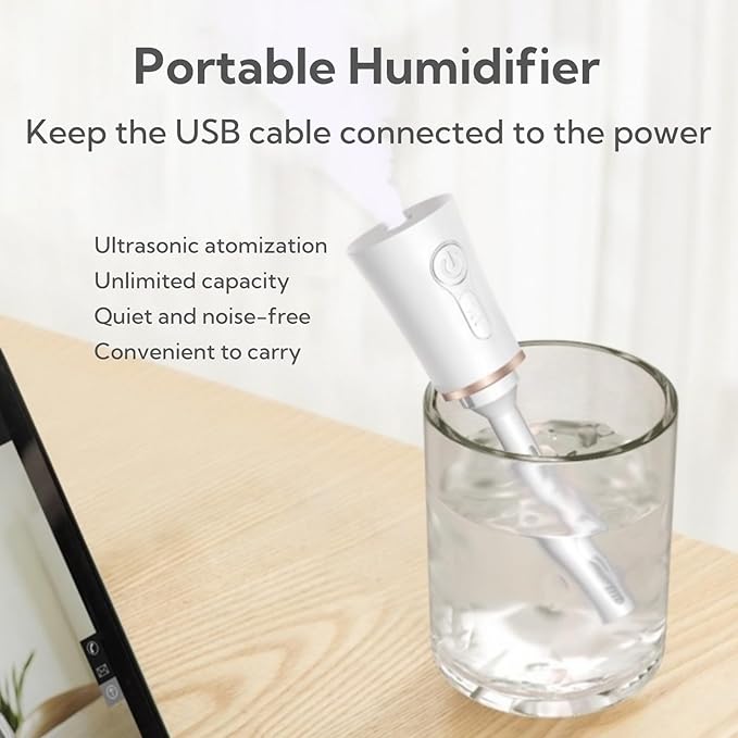 Portable Small Humidifier Dual Nozzle - Large Cool Mist Humidifiers Double Spray Ports, Water Shortage Protection, Ultra-Quiet, Mini Humidifier for Bedroom Plants Office Car Travel (White) - Image 5