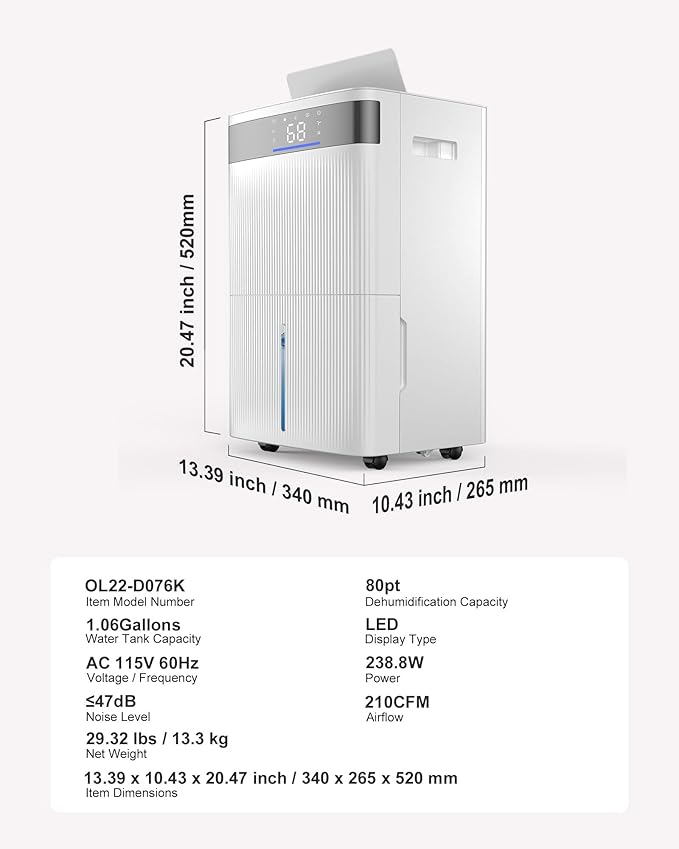 VEVOR 80 Pints Dehumidifier for Home & Basement, 4500 Sq.Ft Large Coverage, Drain Hose for Commercial & Industrial Use, Smart Humidity Control, Low Noise for Warehouses, Bathroom, Bedrooms & Storage - Image 7