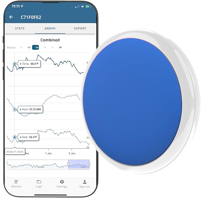 Bluetooth Compatible Thermometer, Hygrometer & Dew Point Sensor and Logger, Smart Temperature Humidity Monitor, Unlimited Phone Storage. Simple Data Export. Made in USA by Tempo+Disc