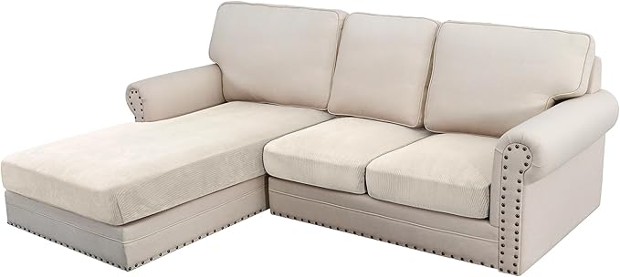 H.VERSAILTEX Velvet Stretch Sectional Couch Covers 3 Pieces, L Shape, Ivory Striped (Large Sofa 2 Seater + 1 Chaise) by HVERSAILTEX