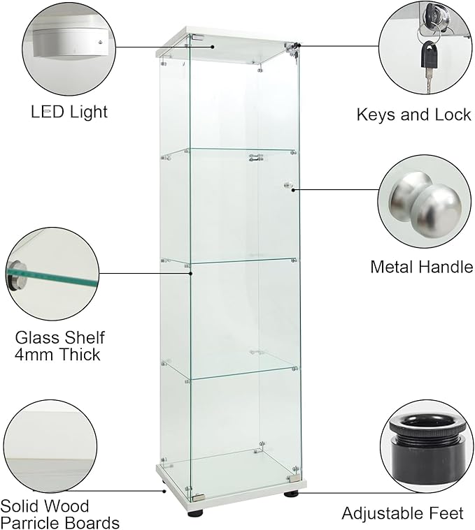 Yoluckea 4 Shelves Glass Display Cabinet with LED Light and Door, Floor Standing Clear Glass Curio Cabinet Collection for Living Room Bedroom 64.7”x16.7”x 14.3” White(Upgrade Assembly) - Image 6