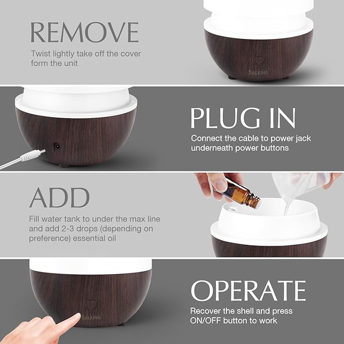 SALKING Essential Oil Diffuser, 100ml Small Aromatherapy Diffuser for Essential Oils, Auto Shut-Off Ultrasonic Diffusers, Cool Mist Humidifier with Warm White Lights, for Office Home (Dark) - Image 7