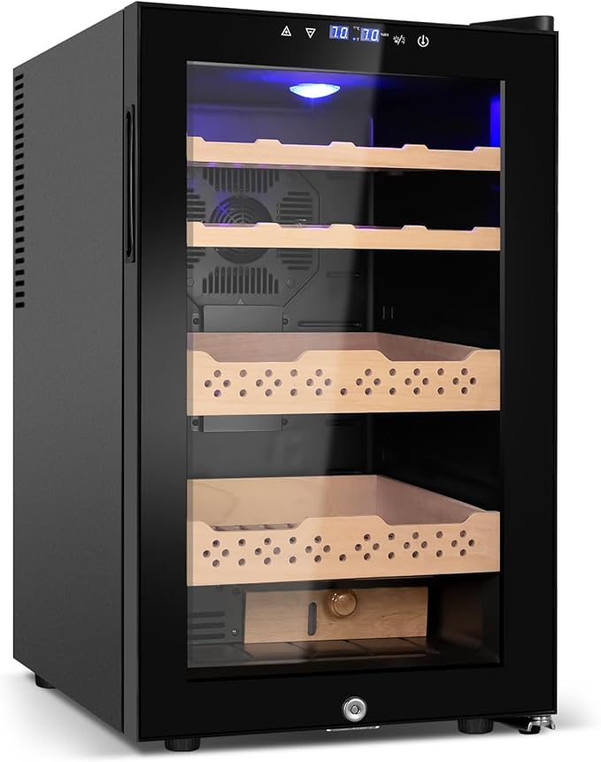 Electric Cooler Cabinet 70L with Temperature and Humidity Control, Spanish Cedar Wood Shelves and Safety Lock (500 Counts Capacity), Gift for Men by FoMup