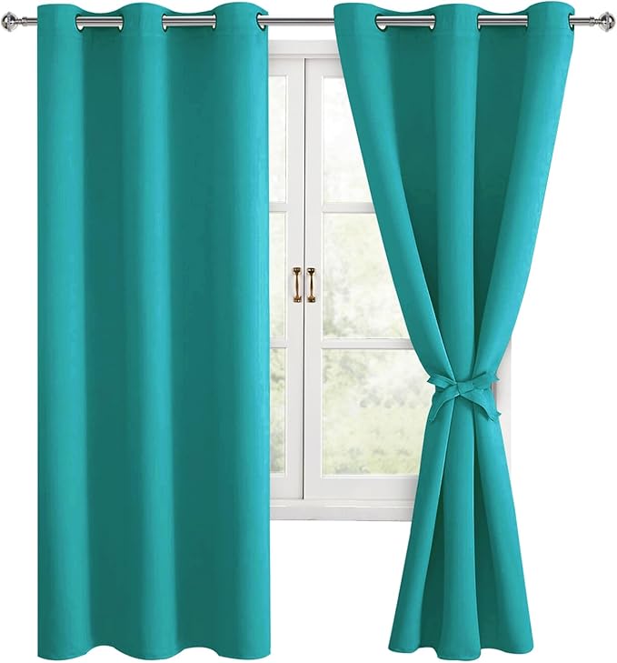 Hiasan Room Darkening Window Curtains for Bedroom, Thermal Insulated, Energy Saving Blackout Curtains, Set of 2 Panels, Sewn with Tiebacks, Grommet Top (Peacock Teal, Width 42 Inch x Length 63 Inch) by Hiasan