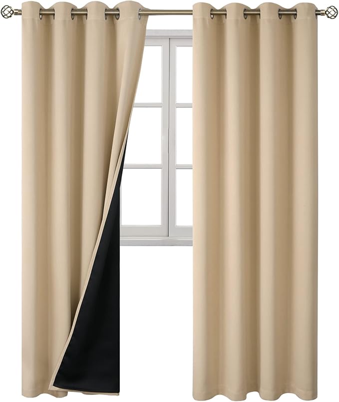 BGment 100% Blackout Curtains 108 Inch Long 2 Panles Set, Thermal Insulated Total Light Locking Soundproof Grommet Curtains & Drapes for Living Room with Black Liner, 52 Inch Wide Each, Beige - Image 8