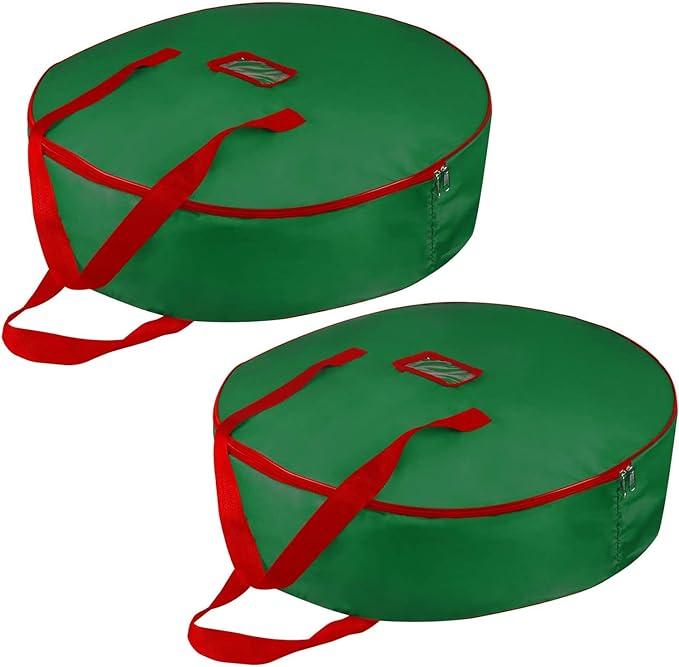 Christmas Wreath Storage Bag 30inch -Large Christmas Wreath Storage Container-Durable Oxford Fabric, Dual Zippered, Easy to Slip the Wreath in & Out, Protect Wreath Garlands from Dust-Green,Pack of 2 by TQS