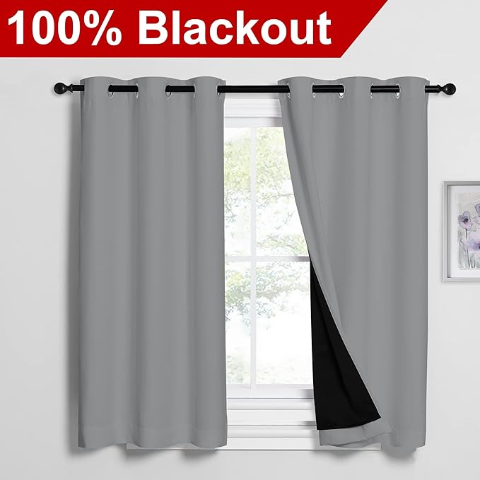 NICETOWN Silver Grey 100% Blackout Curtains 54 inches Long, Thermal Insulated Full Blackout 2-Layer Lined Drapes, Noise Cancellation Window Draperies for Dining Room (2 Panels, 42-inch W) - Image 2