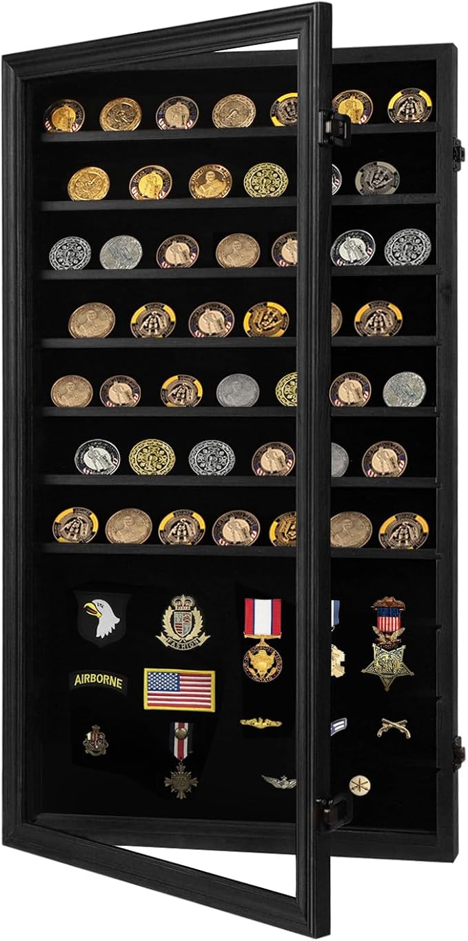 Jinchuan Military Challenge Coin Display Case Lockable Cabinet Holder Shadow Box with Removable 2 Grooves Shelves and Anti Fade Acrylic Glass for Casino Poker Chips Collectibles, Extra Large - Black by Jinchuan