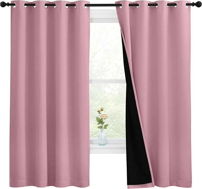 NICETOWN 100% Blackout Curtains with Black Liners, Thermal Insulated Full Blackout 2-Layer Lined Drapes, Energy Efficiency Window Draperies for Bedroom (Crystal Pink, 2 Panels, 55-inch W by 68-inch L) by NICETOWN