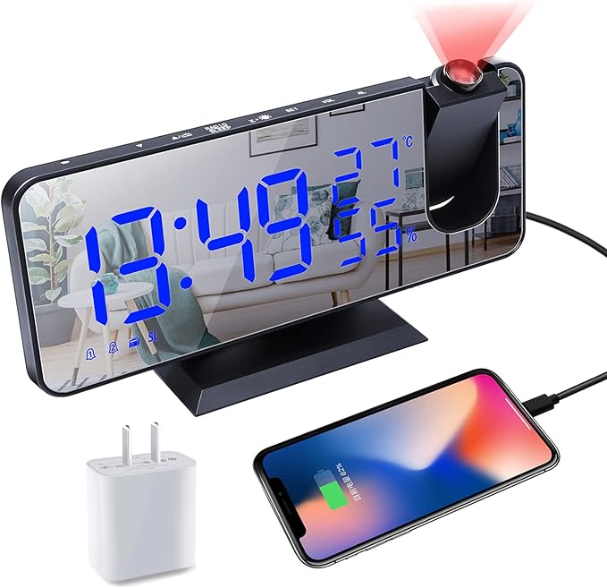 Projection Digital Alarm Clock for Bedrooms,Alarm Clock Radio on Ceiling, USB Charger Port, Temperature & Humidity Display, 7.3” Large Mirror LED Display,12/24H,Snooze,Dual Loud Clock- 4 Dimmer by Hanaix