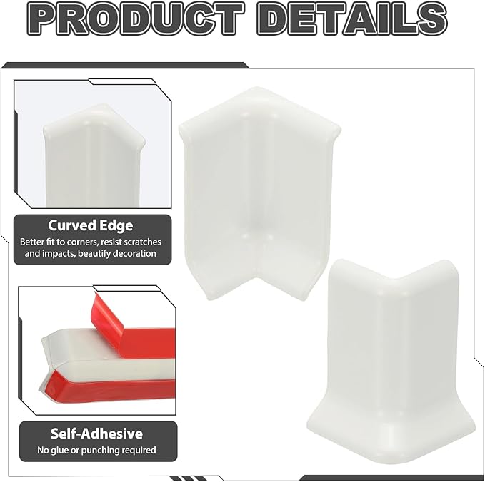 uxcell Self Adhesive Baseboard Corner Blocks, 2.2 Inch Wall Edge Corner Protector 2 Inside + 2 Outside Corners-Connector for Wall Floor Furniture Edge(White) - Image 4