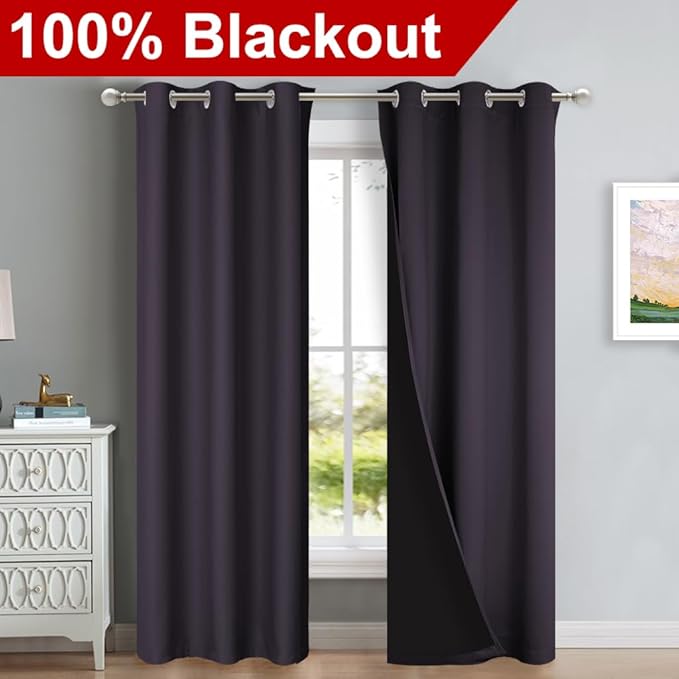 NICETOWN Full Shade Curtain Panels, 37" Wide x 80" Long, Greyish Purple, Pair of Thermal Insulated & Energy Efficiency Blackout Drapes for Living Room, Lined Silky Performance Window Dressing - Image 2