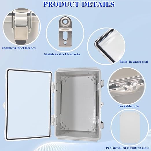 Waterproof Electrical Box, IP67 Junction Box Stainless Steel Latch Hinged Clear Cover Project Enclosure with Wall Bracket 11.8"x7.9"x 6.7" - Image 3