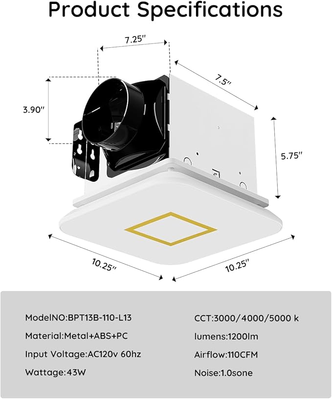 Fitop Bathroom Fan with Light,110CFM 1.0 Sones 1200lm LED Light 3000K/4000K/5000K Selectable,120V 43W Quiet Bathroom Ventilation Exhaust Fan for Shower/Restroom/Office/Home(gold) - Image 7