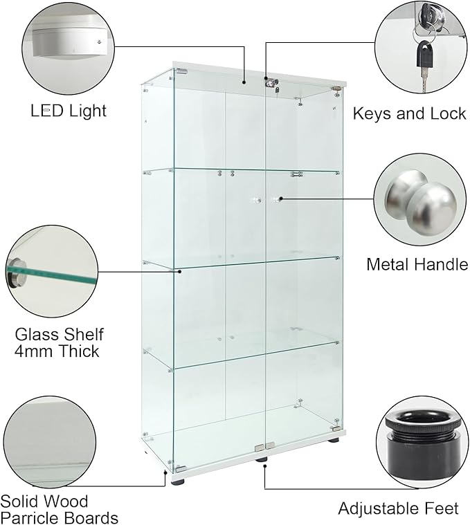 Yoluckea 4 Shelves Glass Display Cabinet with LED Light and 2 Doors,Floor Standing Clear Glass Curio Collection Display Cabinet for Living Room Bedroom 64.7” x 31.7” x 14.3” White - Image 7