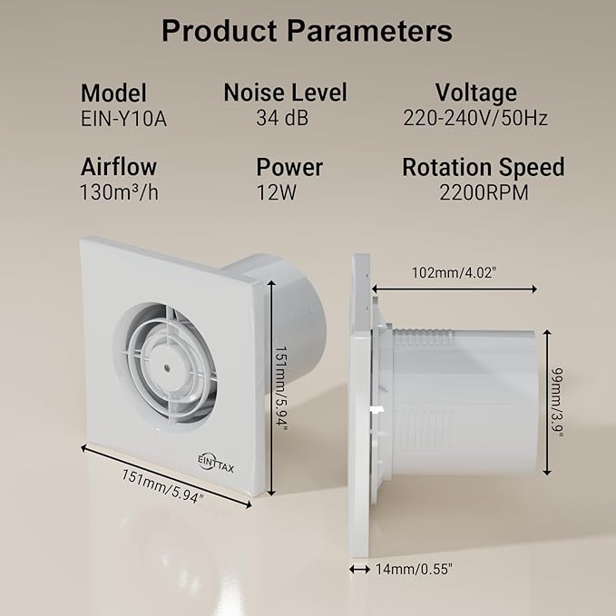 4 Inch Bathroom Exhaust Fan, 130m³/h Quiet Ventilation Extractor with Check Valve, Wall/Window Mount Bathroom Exhaust Fan for Kitchen, Garage, Office, Shop, 12W, 34 dB, White - Image 2