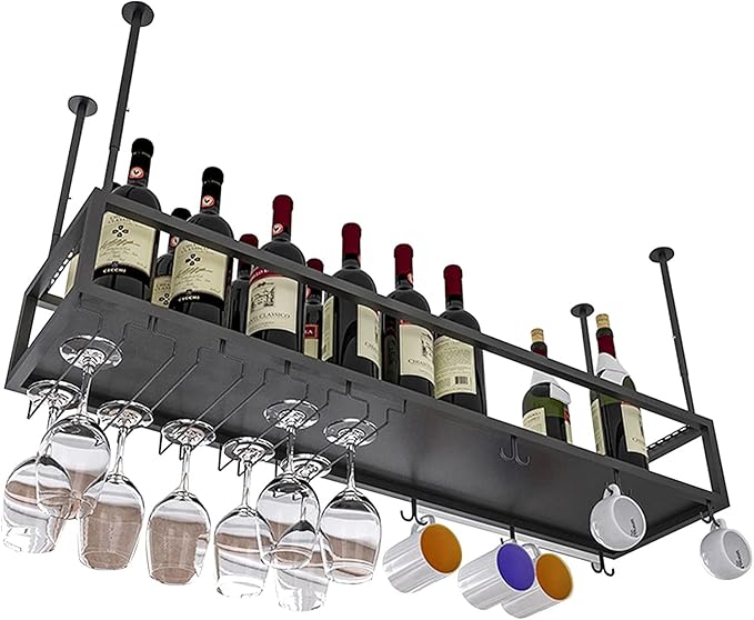 Hanging Black Wine Glass Holder Metal Wine Bottle Rack for Kitchen Bar Upside Down Stemware nizer Under Cabinet 60 x 25 x 21 cm - Stylish Ceiling Storage Solution by Unknown