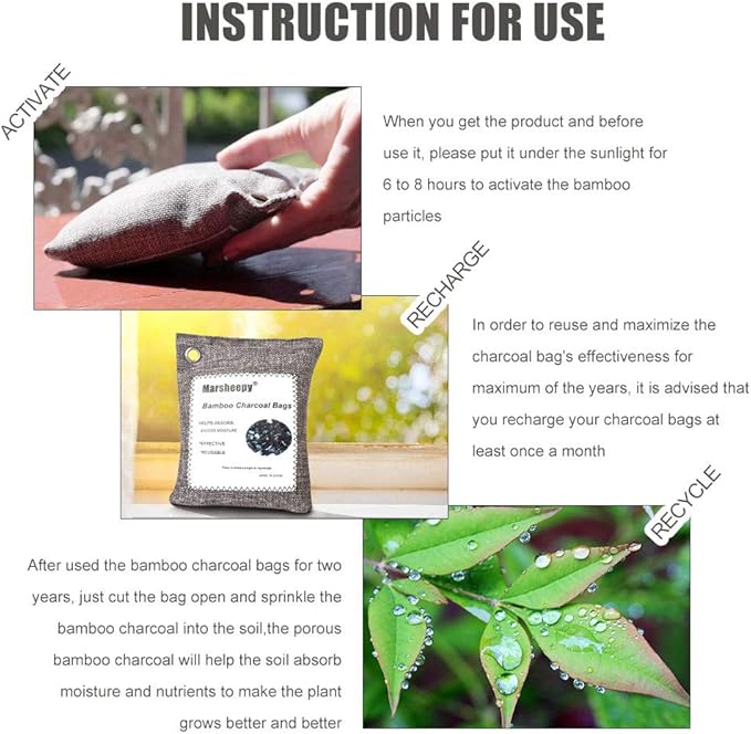 Marsheepy 12 Pack Bamboo Charcoal Shoe Deodorizer Bags, Activated Charcoal Odor Absorber, Bamboo Charcoal Air Purifying Bags, Odor Eliminator for Shoes, Pets, Car, Closet (150g X 2 and 50g x 10) - Image 7