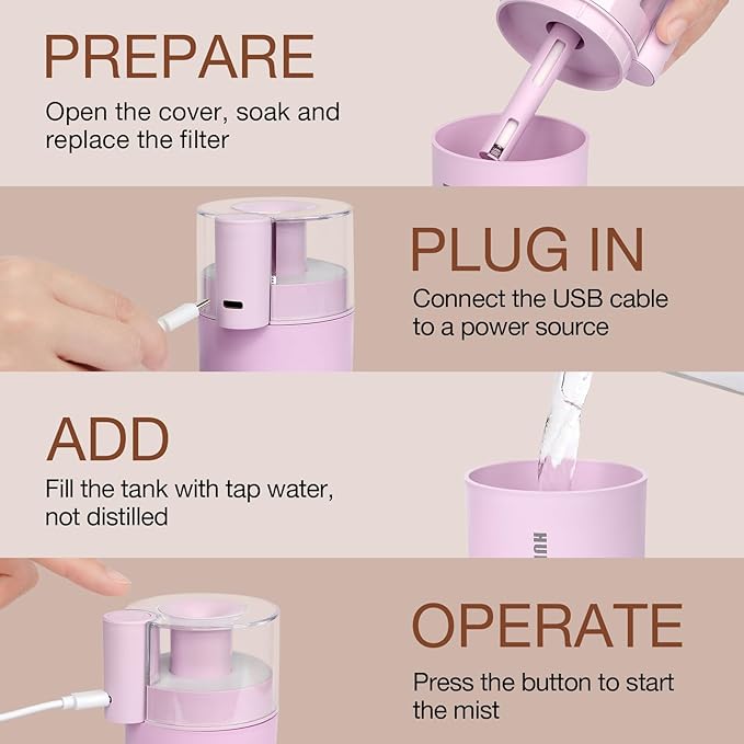 Portable Mini Humidifier, 180ml USB Cool Mist Small Humidifiers for Bedroom, Personal Desktop Humidification for Car Office Travel & Indoor Plants(Pink) - Image 6
