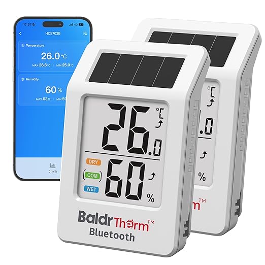 BaldrTherm Bluetooth Thermometer Wireless, Smart Thermometer with App Control, 200ft Coverage, Offline Storage, Trend Charts, Real-Time Alerts for Home, Pet Cage, Indoor/Outdoor Use, White, 2pack by BaldrTherm