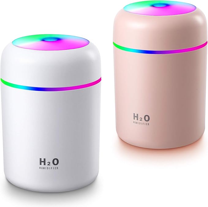 2 Pieces Cool Mist Portable Mini Humidifiers, 300 ml, Quiet USB Personal Desktop Humidifiers with 2 Mist Modes and Auto Shut Off for Bedroom Home (Pink, White) by Mudder
