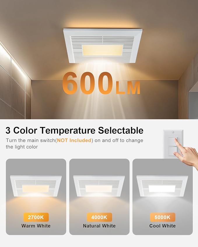 GROWNEER Bathroom Exhaust Fan with Light, 35W Exhaust Fan with Humidity Sensor-30%/60%/80% Adjustable, 110 CFM 1.0 Sone Bathroom Fan with Light, 600lm 2700K/4000K/5000K Adjustable, 7.68 x 9.25 inch - Image 5