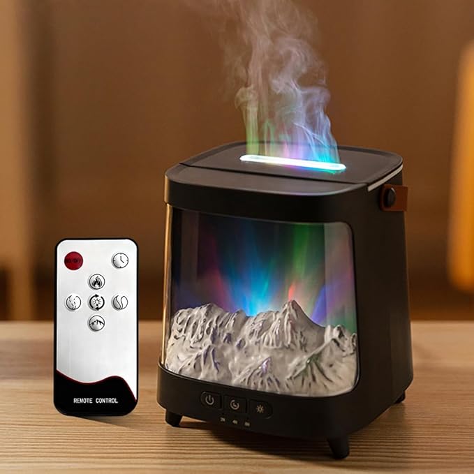 Flame Essential Oil Diffuser, Ultrasonic Aromatherapy Humidifier,Aurora Mountain Diffuser 3-Mode Flame & Color Light,Quiet Mist Diffuser with Timer for Bedroom,Home,Office,Spa,Gift,Yoga by GIMRUM