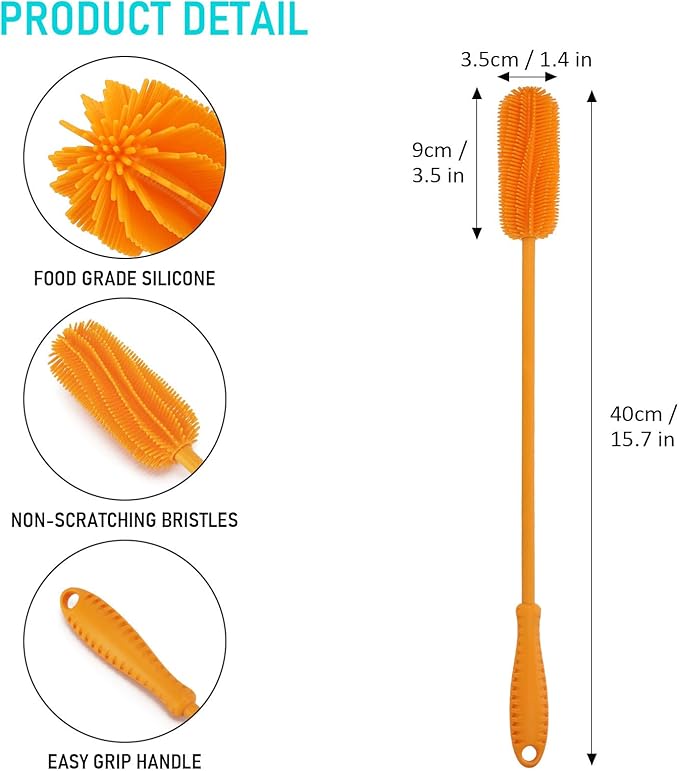 15.7" Silicone Bottle Brush, ddLUCK Water Bottle Cleaner Brush for Stanley, Hydroflasks, Glass, Thermos Sports Bottle, Vase and Glassware, Bottle Brush Cleaner for Narrow Neck Containers (Orange) - Image 4