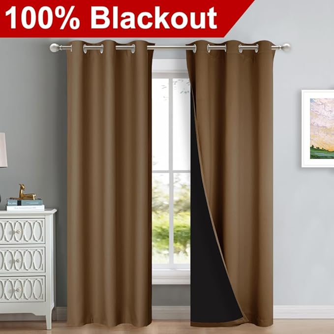 NICETOWN Blackout Curtains 84 inches Long, 2 Pieces, 42" Wide Each Panel, Gold Brown, Full Light Blocking Drapes with Black Liner for Nursery, Thermal Insulated Draperies for Hall, Villa - Image 2