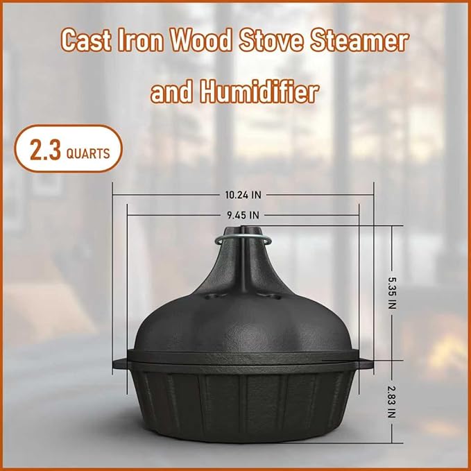 Wood Stove Steamer & Woodstove Steamer Stove Humidifier Cast Iron, 2.3 Quart Round Fireplace Humidifier & Simmer Pots with Heart-shaped Vent At The Top Covers (Round-1) - Image 7