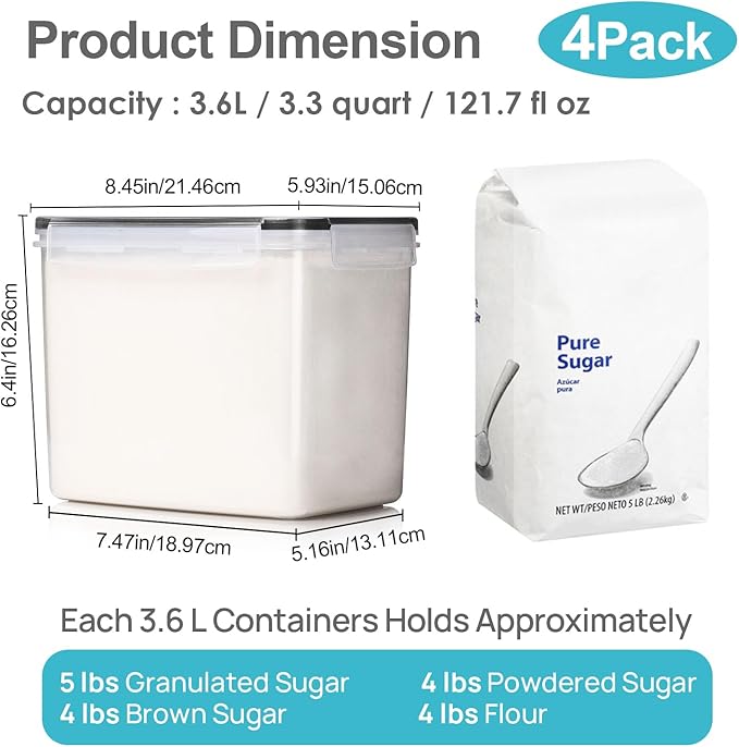 Vtopmart Food Storage Containers 3.3 quart / 3.6L, 4 Pieces BPA Free Plastic Airtight Canister for Flour, Sugar, Baking Supplies, with 4 Measuring Cups and 24 Labels,Black - Image 2