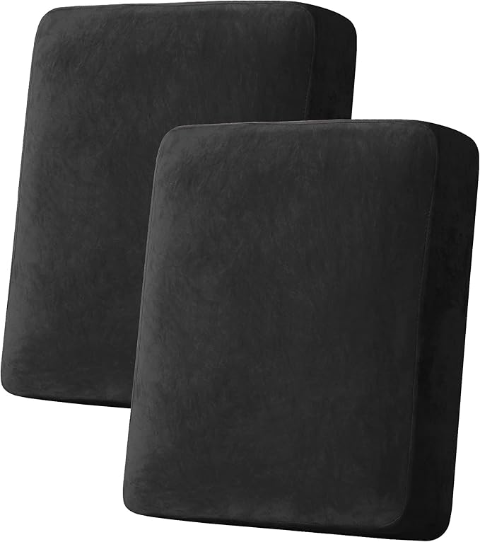 H.VERSAILTEX Velvet Stretch Couch Cushion Cover Plush Cushion Slipcover for Chair Loveseat Sofa Cushion Furniture Protector Seat Cushion Sofa Cover (2 Piece Medium Sofa Cushion Covers, Black) by HVERSAILTEX