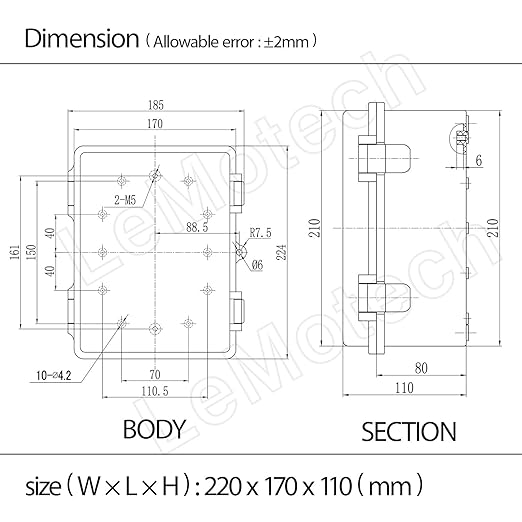 Junction Box ABS Plastic IP65 Waterproof Dustproof Universal Electrical Enclosure, Hinged Shell Outdoor and Indoor Usage Project Box, 8.7"x 6.7" x 4.3"(220x170x110mm), Grey - Image 8