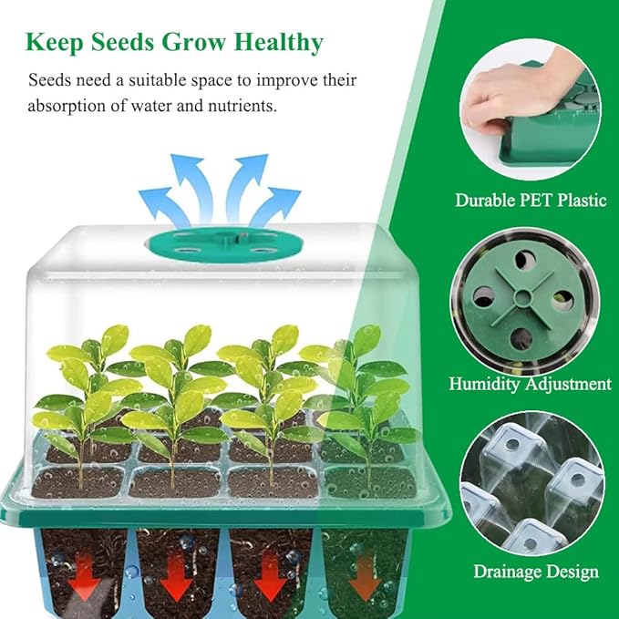 Seed Starter Tray Kit, 3-Pack Plant Growing Trays with Humidity Dome and Base, Labels and Hand Tool Kit for Seed Starting, Germination and Seedling Propagation (12 Cells per Tray) - Image 2