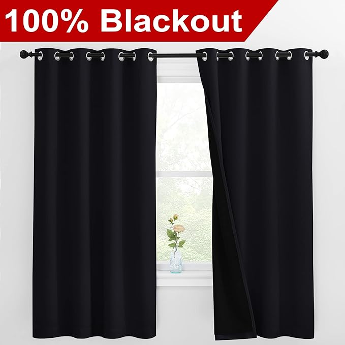 NICETOWN 100% Blackout Curtains with Black Liners, Thermal Insulated Full Blackout 2-Layer Lined Drapes, Energy Efficiency Window Draperies for Bedroom (Black, 2 Panels, 55-inch W by 68-inch L) - Image 2