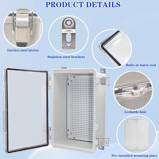 Waterproof Electrical Box, IP67 Junction Box Stainless Steel Latch Hinged Clear Cover Project Enclosure with Wall Bracket 11.8" x 7.87" x 5" - Image 3