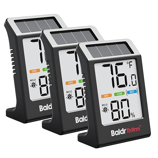 BaldrTherm Room Thermometer Indoor Humidity Meter, Solar-Powered 3.2'' Digital Temperature Sensor Monitor with 5-Comfort Indicator for Baby, Home, Office, Black, 3Pack by BaldrTherm